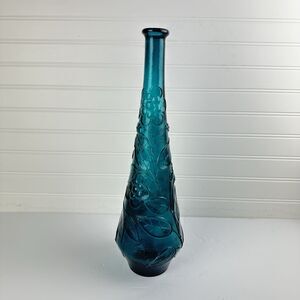 VTG Italy Empoli Genie Bottle Decanter Teal Blue Floral Butterfly NO STOPPER